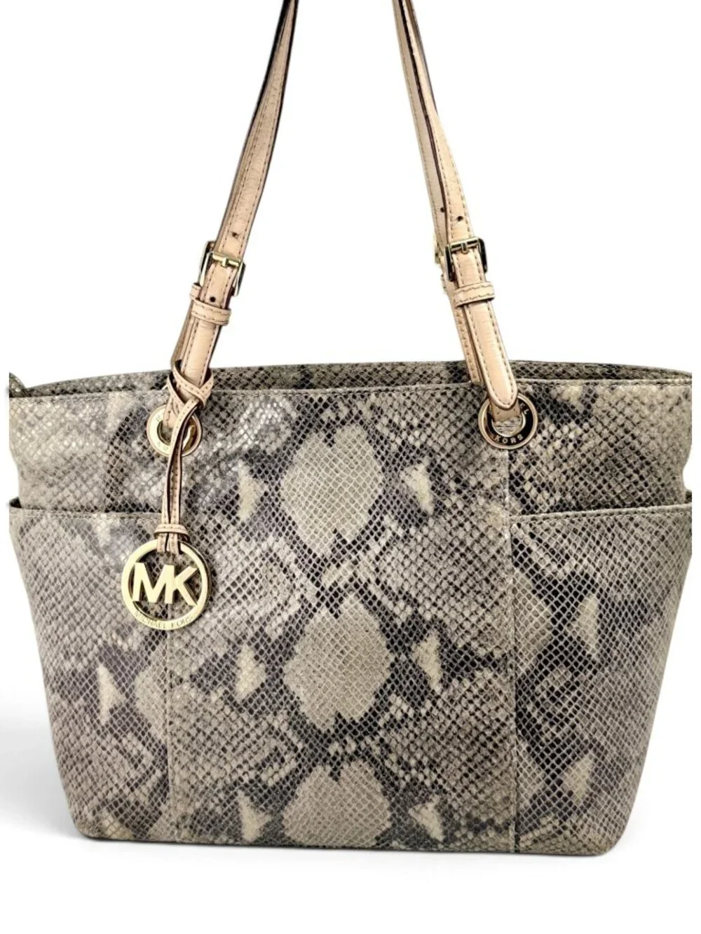 Michael Kors Jet Set Python Embossed Leather Tote Bag - Gray Taupe Neutral